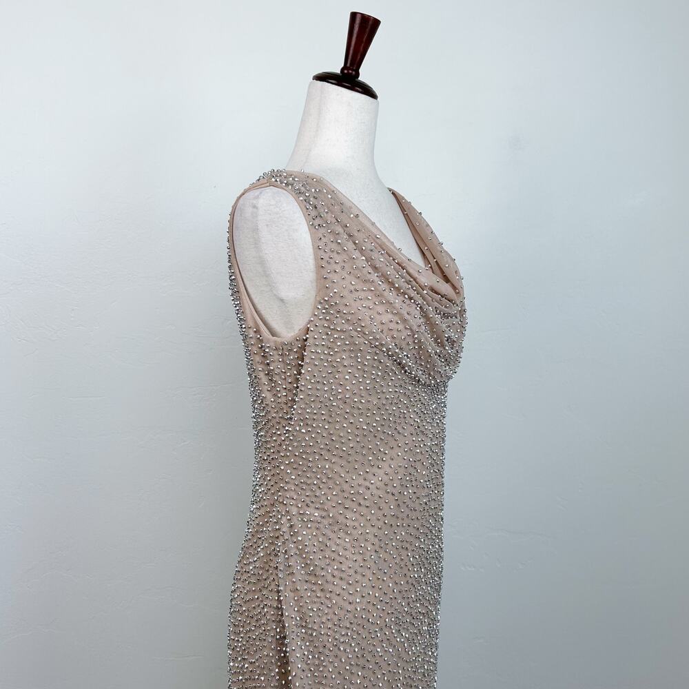 Cachet Beaded Sparkle Beige Mesh Cowl Neck Sleeveless Knee Length Dress SIZE 8